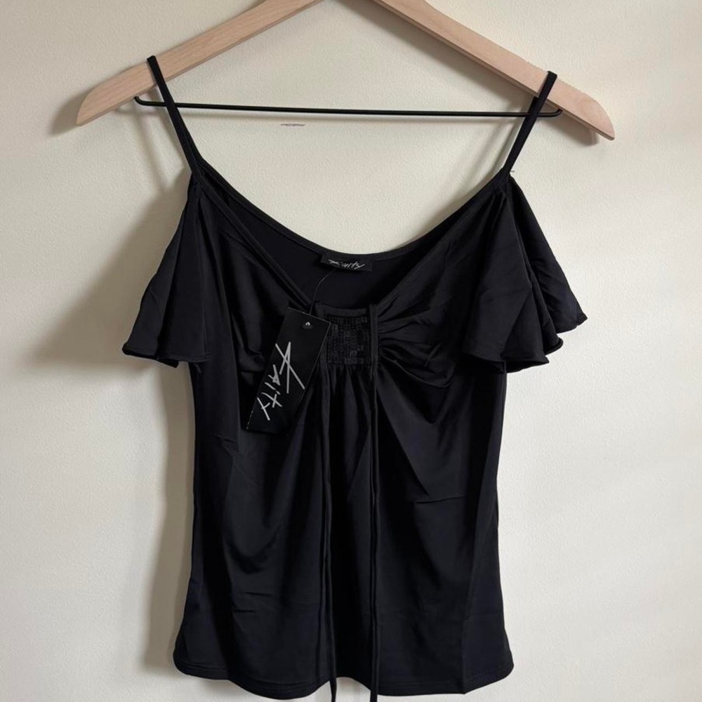 Kaity Black Cold Shoulder Ruffle Sleeve Tie Front Top Medium NWT